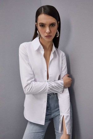 Patrizia Pepe Cotton Shirt With Rhinestones Białe | 8493MWILG