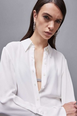 Patrizia Pepe Essential Crepe Long-sleeved Shirt Białe | 5241PKQFZ