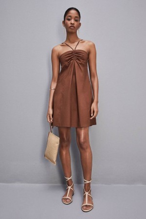 Patrizia Pepe Flared Mini Dress With Bare Shoulders Brązowe | 2597EKXDV