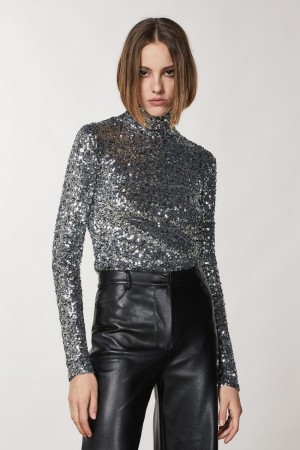 Patrizia Pepe High Neck T-shirt With Sequins Szare | 8596WJRYN