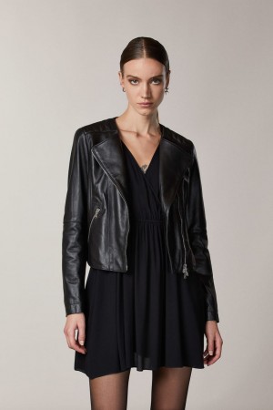 Patrizia Pepe Leather Biker Jacket With Top-stitching Czarne | 2015FNUGH