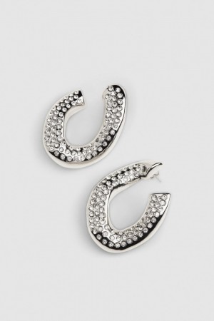 Patrizia Pepe Rhinestone Maxichain Earrings Srebrne | 4567GIRBQ