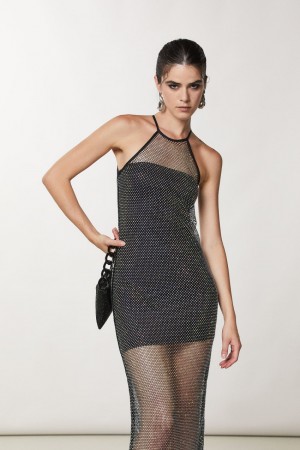 Patrizia Pepe Sleeveless Rhinestone Mesh Dress Czarne | 2051DZJPT