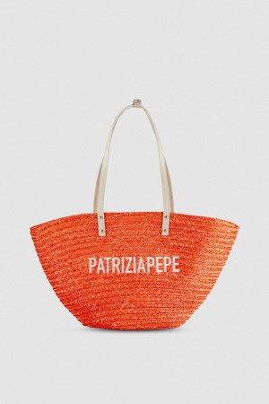 Patrizia Pepe Wide Braided Straw Shopping Bag Pomarańczowe | 4970NTYZR