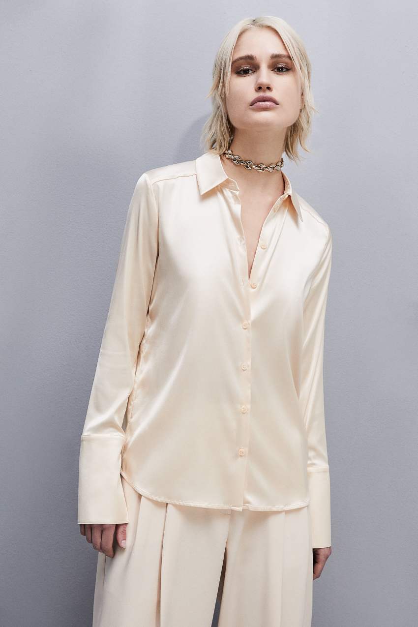 Patrizia Pepe Boyfriend-fit Satin Shirt Beżowe | 5839SDGXQ