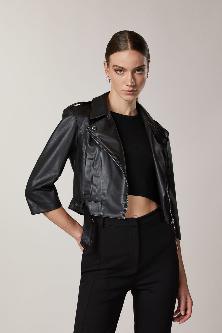 Patrizia Pepe Coated Fabric Biker Jacket Czarne | 0216GFCWR