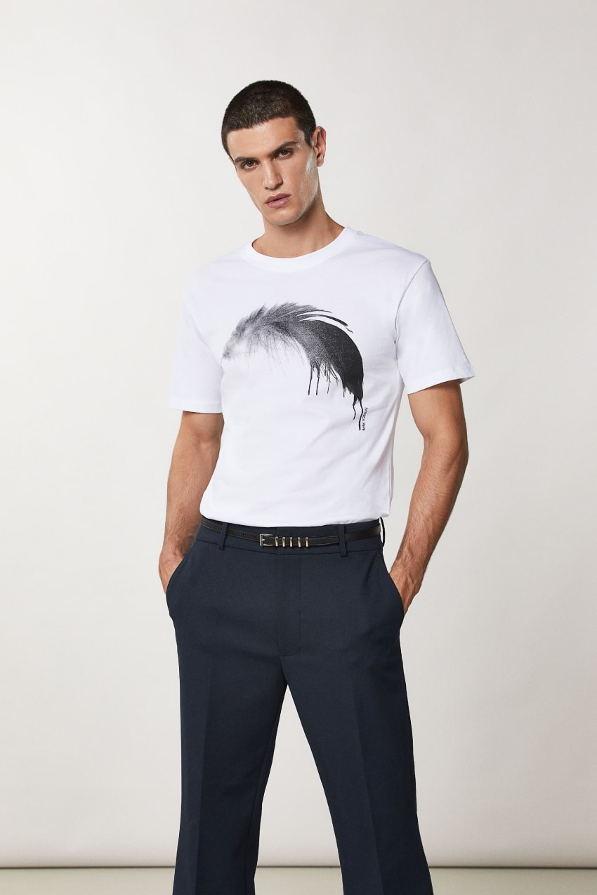 Patrizia Pepe Cotton T-shirt With Feather Print Białe | 3542EGIUJ