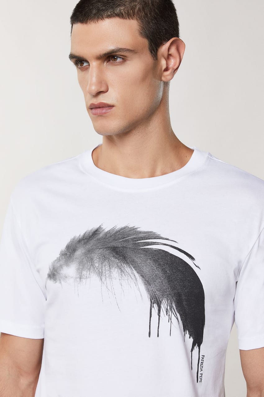 Patrizia Pepe Cotton T-shirt With Feather Print Białe | 3542EGIUJ