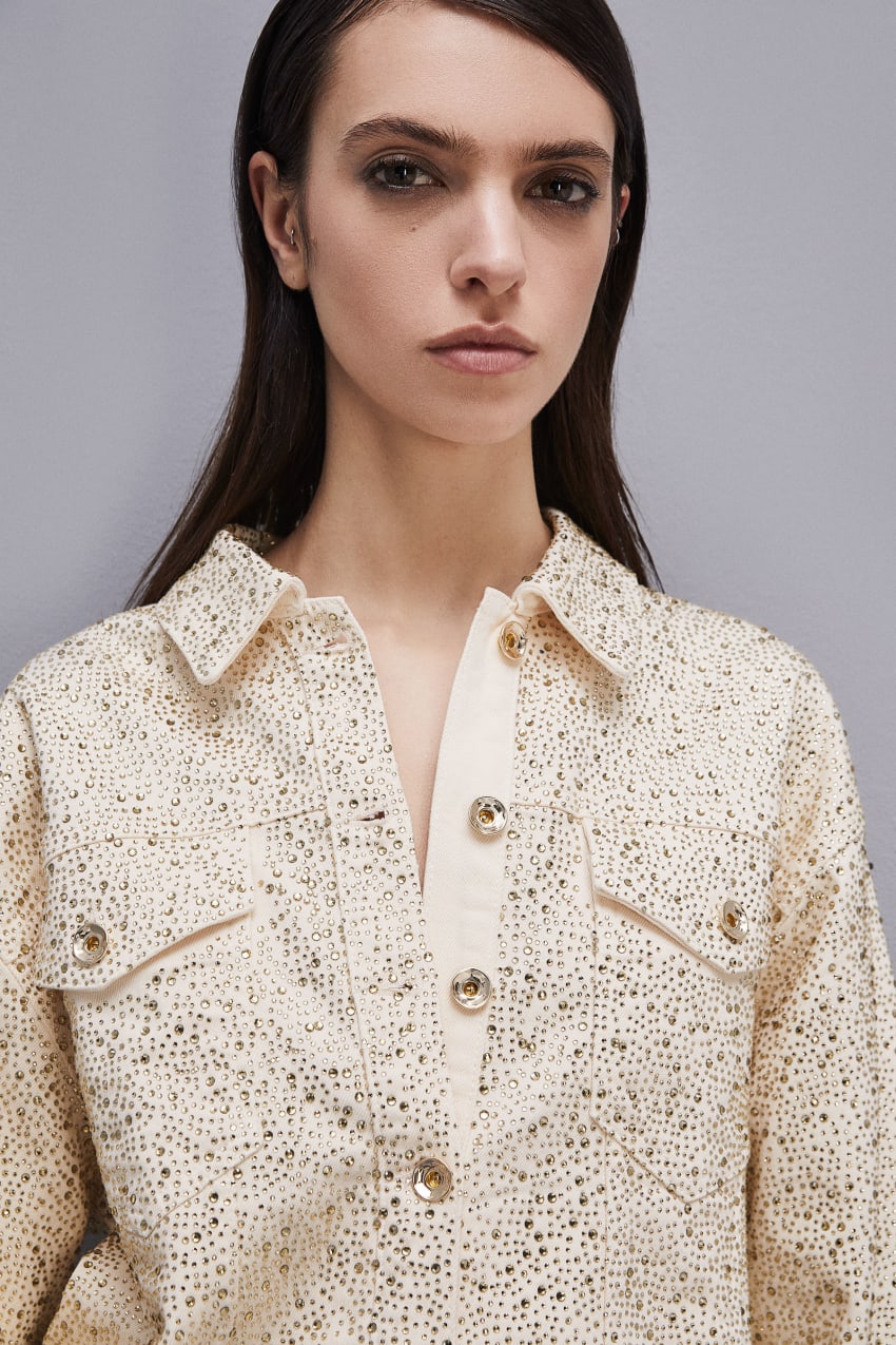 Patrizia Pepe Denim And Rhinestone Jacket Białe | 7965RGQSI