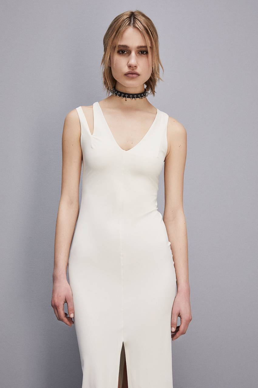 Patrizia Pepe Essential Technical Jersey V-neck Dress Białe | 4739WUNYL