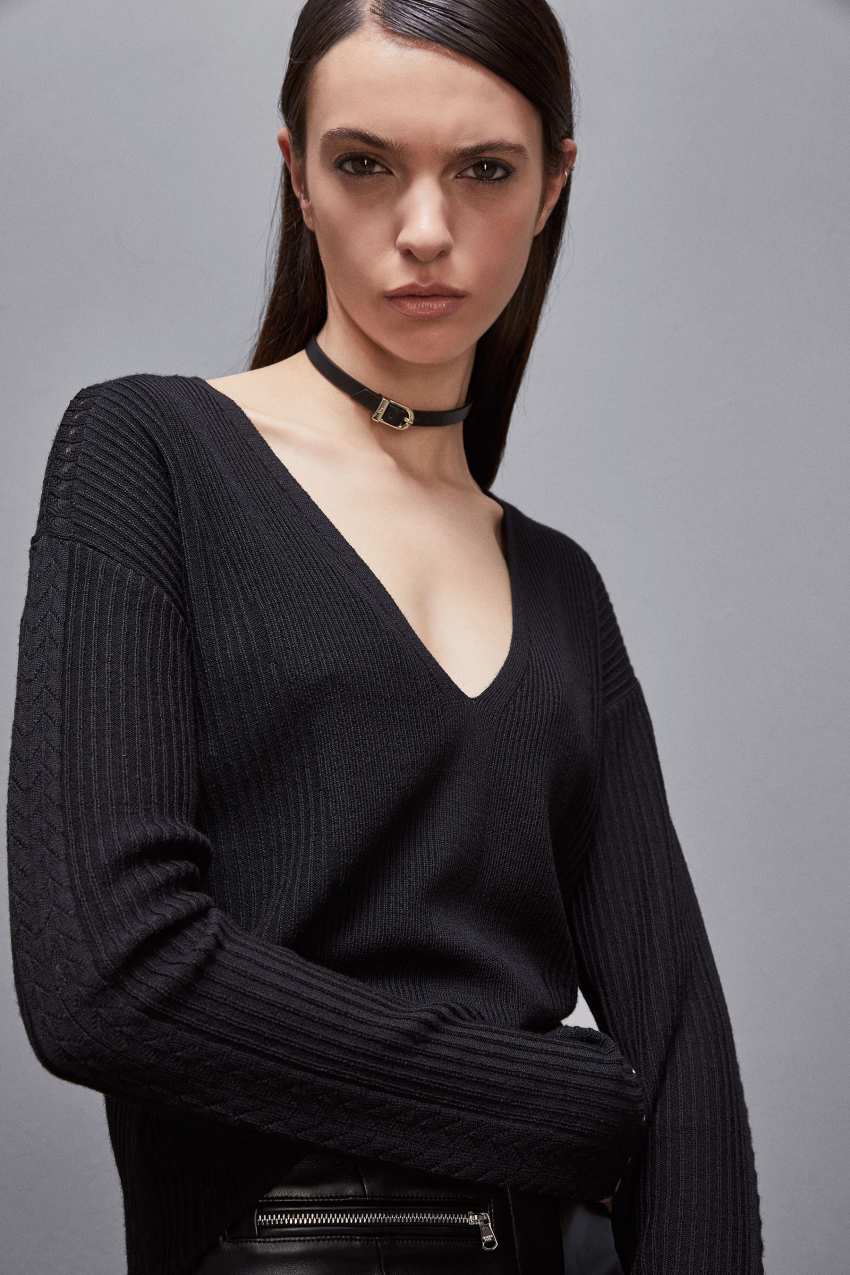 Patrizia Pepe Essential Wool Ribbed Sweater Czarne | 6053NXAYJ