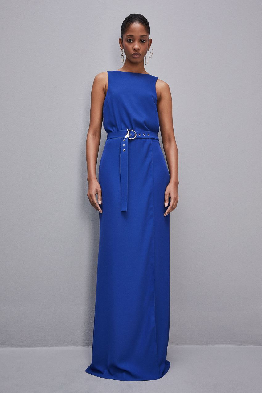 Patrizia Pepe Extra Long Soft Sleeveless Dress In Twill Głęboka Niebieskie | 1398BWDZL