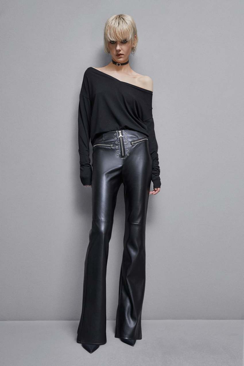 Patrizia Pepe Faux Leather High-waisted Flared Pants Czarne | 5067LMQUF