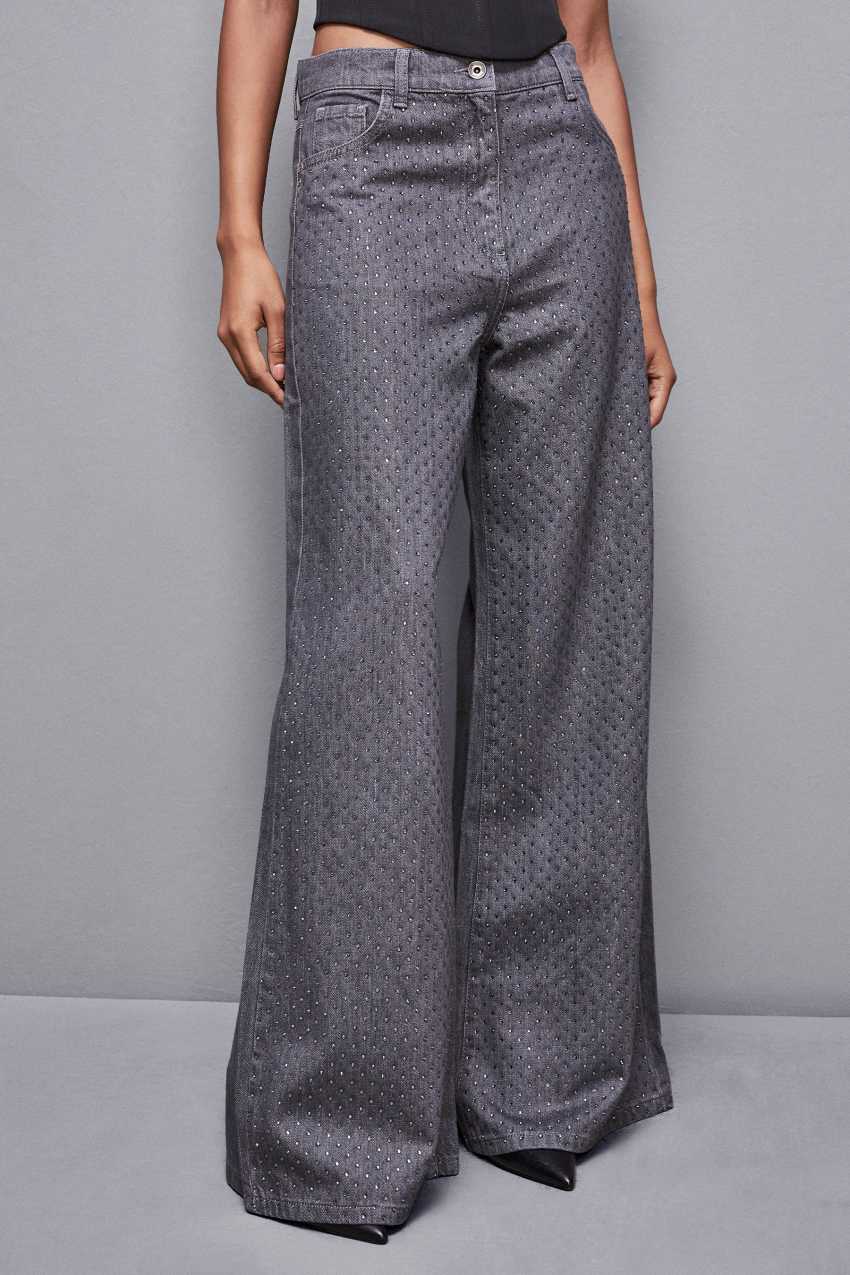 Patrizia Pepe Gray Wide Leg Low-waisted Jeans With Rhinestones Szare | 3290QXJMY