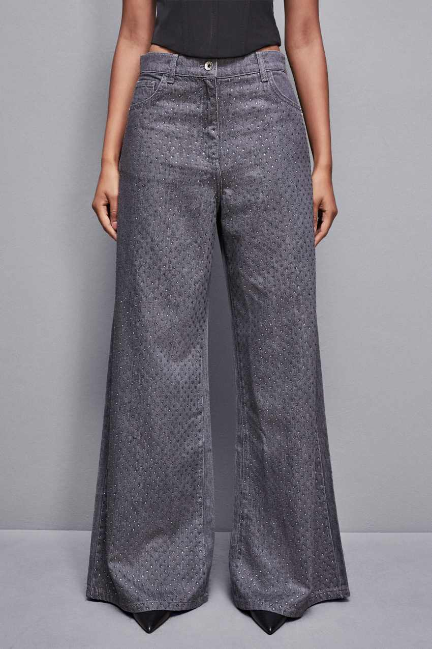 Patrizia Pepe Gray Wide Leg Low-waisted Jeans With Rhinestones Szare | 3290QXJMY