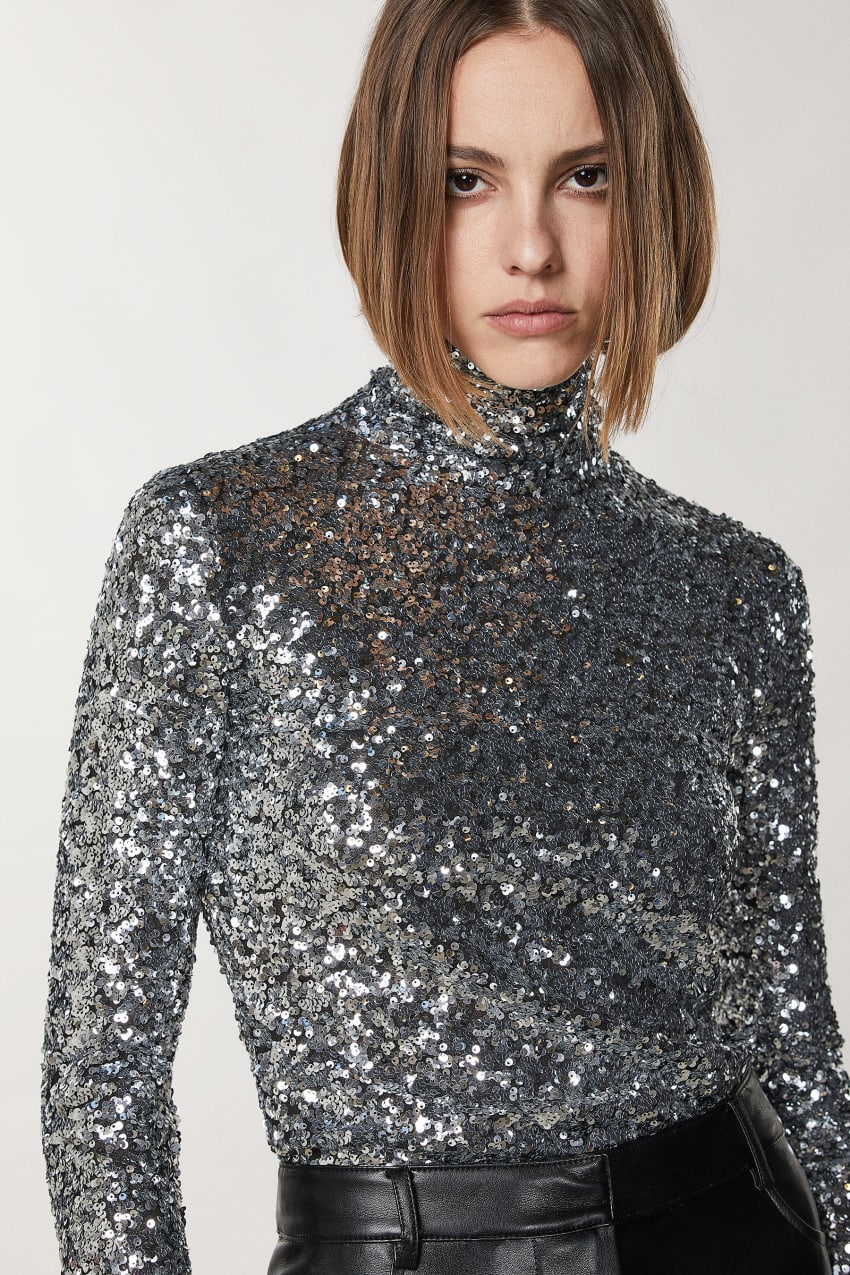 Patrizia Pepe High Neck T-shirt With Sequins Szare | 8596WJRYN