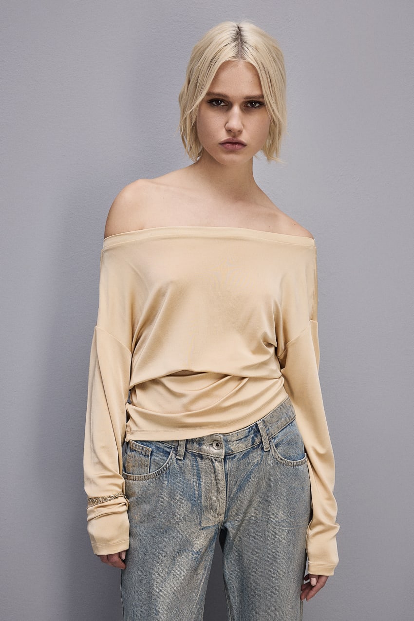 Patrizia Pepe Jersey Dropped Shoulder Sweater Beżowe | 5721PWZNU