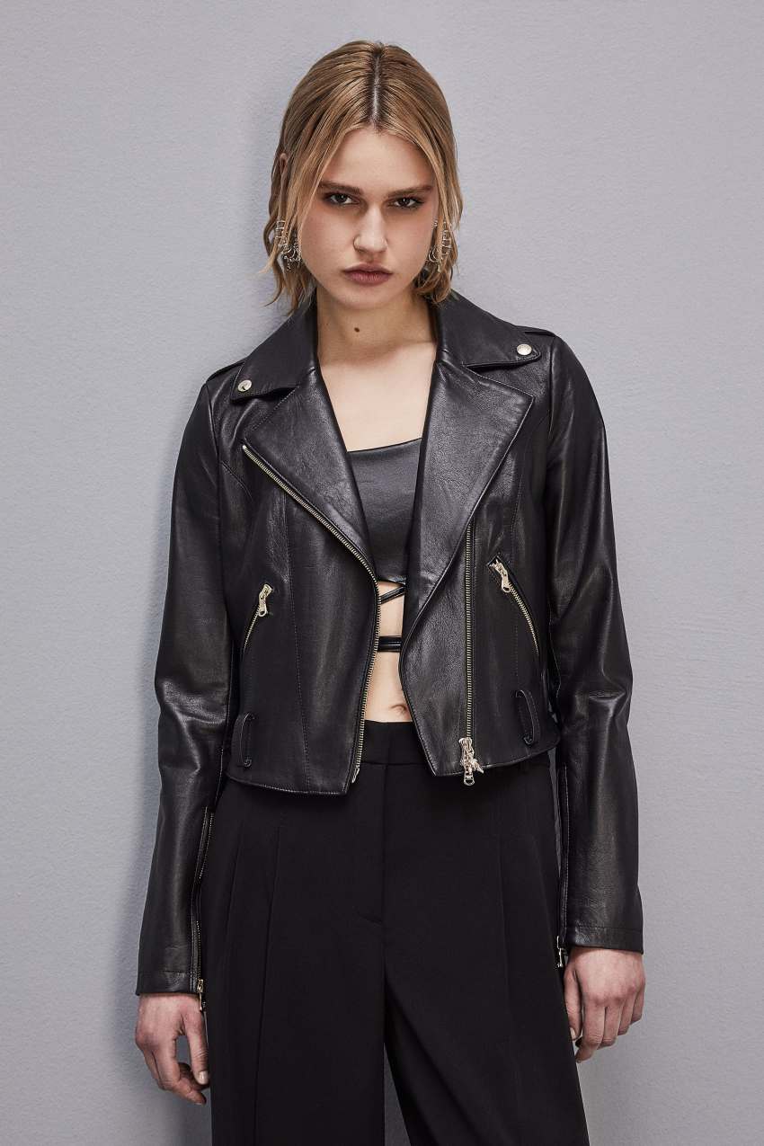 Patrizia Pepe Leather Biker Jacket Czarne | 1859MXEIV