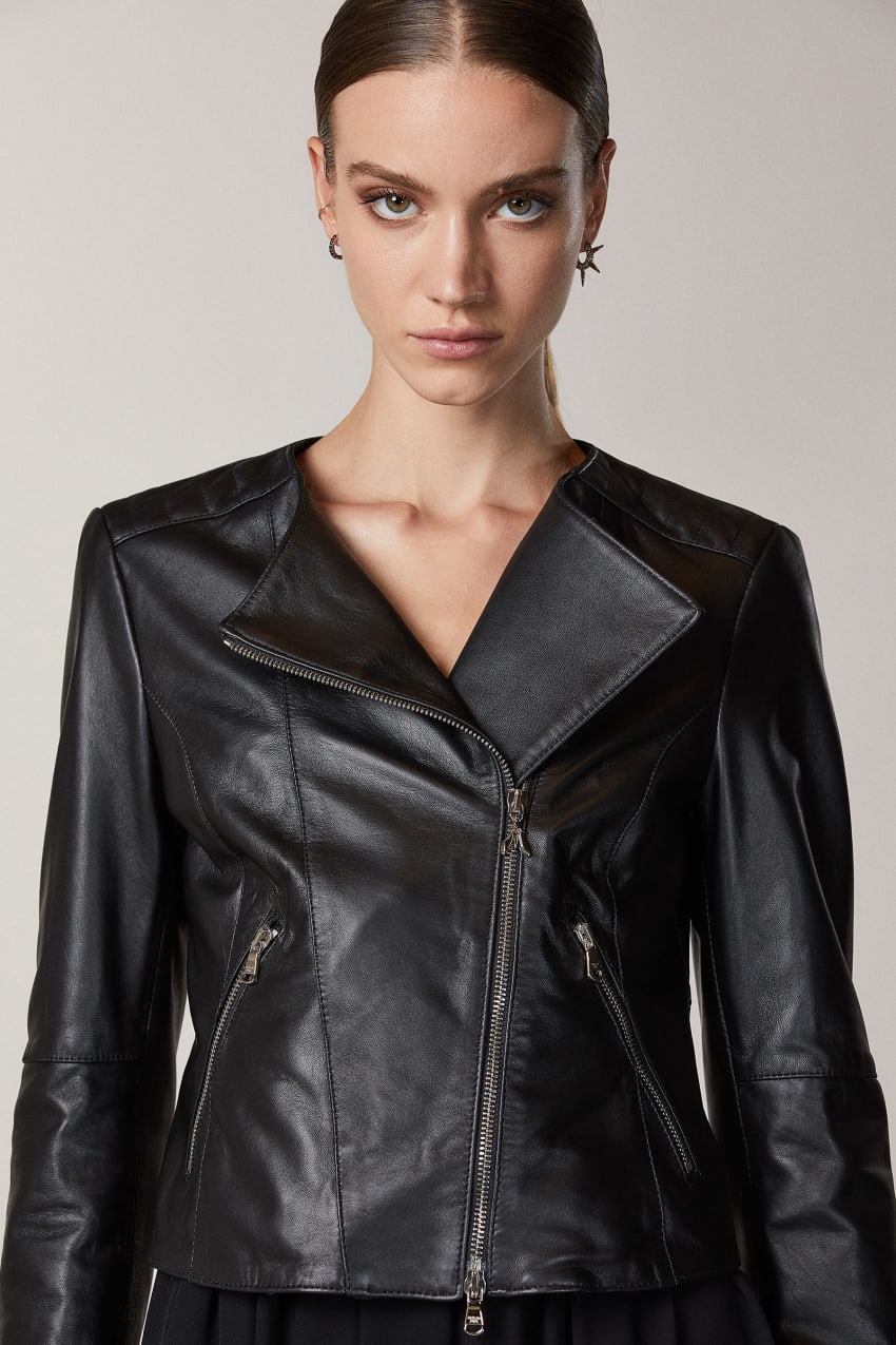 Patrizia Pepe Leather Biker Jacket With Top-stitching Czarne | 2015FNUGH