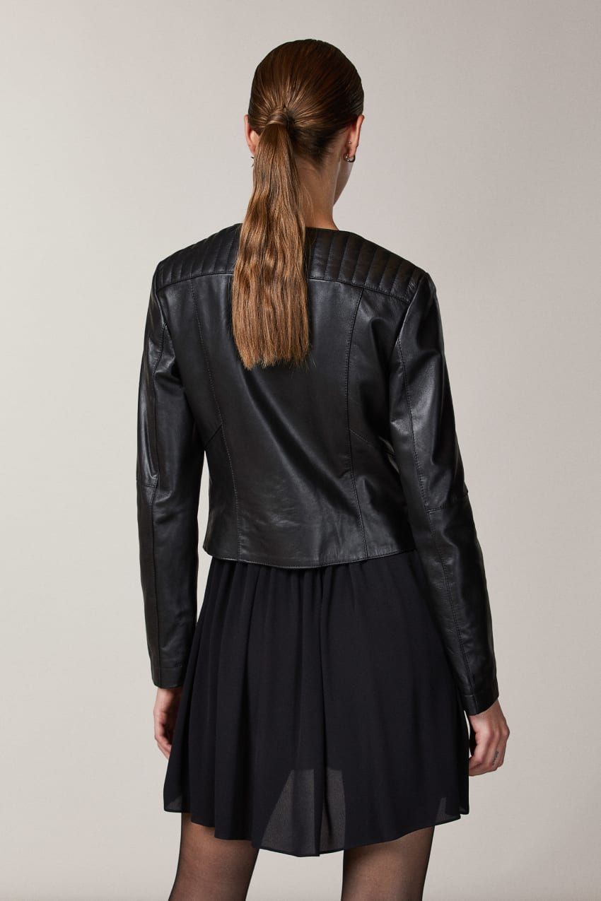 Patrizia Pepe Leather Biker Jacket With Top-stitching Czarne | 2015FNUGH