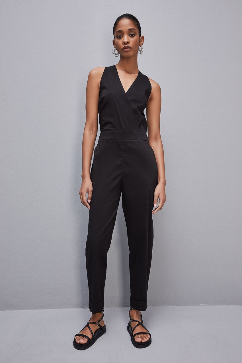 Patrizia Pepe Long Jumpsuit In Stretch Cotton-blend Poplin Czarne | 1296RCWDL