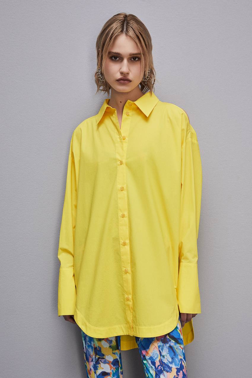 Patrizia Pepe Long-sleeved Oversized Cotton Shirt Żółte | 8431ZHEJX