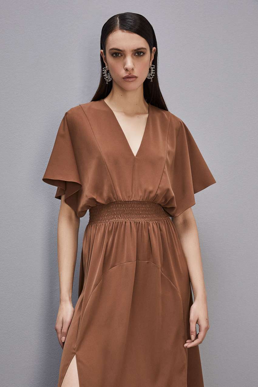 Patrizia Pepe Satin Dress With Smock Stitching Brązowe | 8954XKTMG