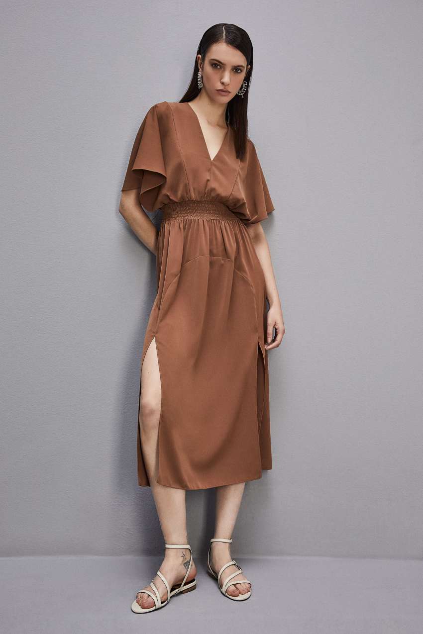 Patrizia Pepe Satin Dress With Smock Stitching Brązowe | 8954XKTMG