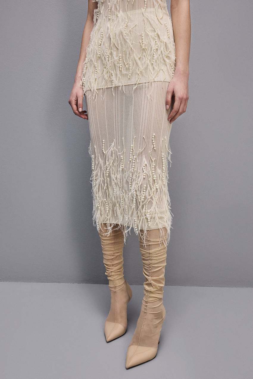 Patrizia Pepe Skirt With Feather And Pearl Embroidery Białe | 5067CIUMX