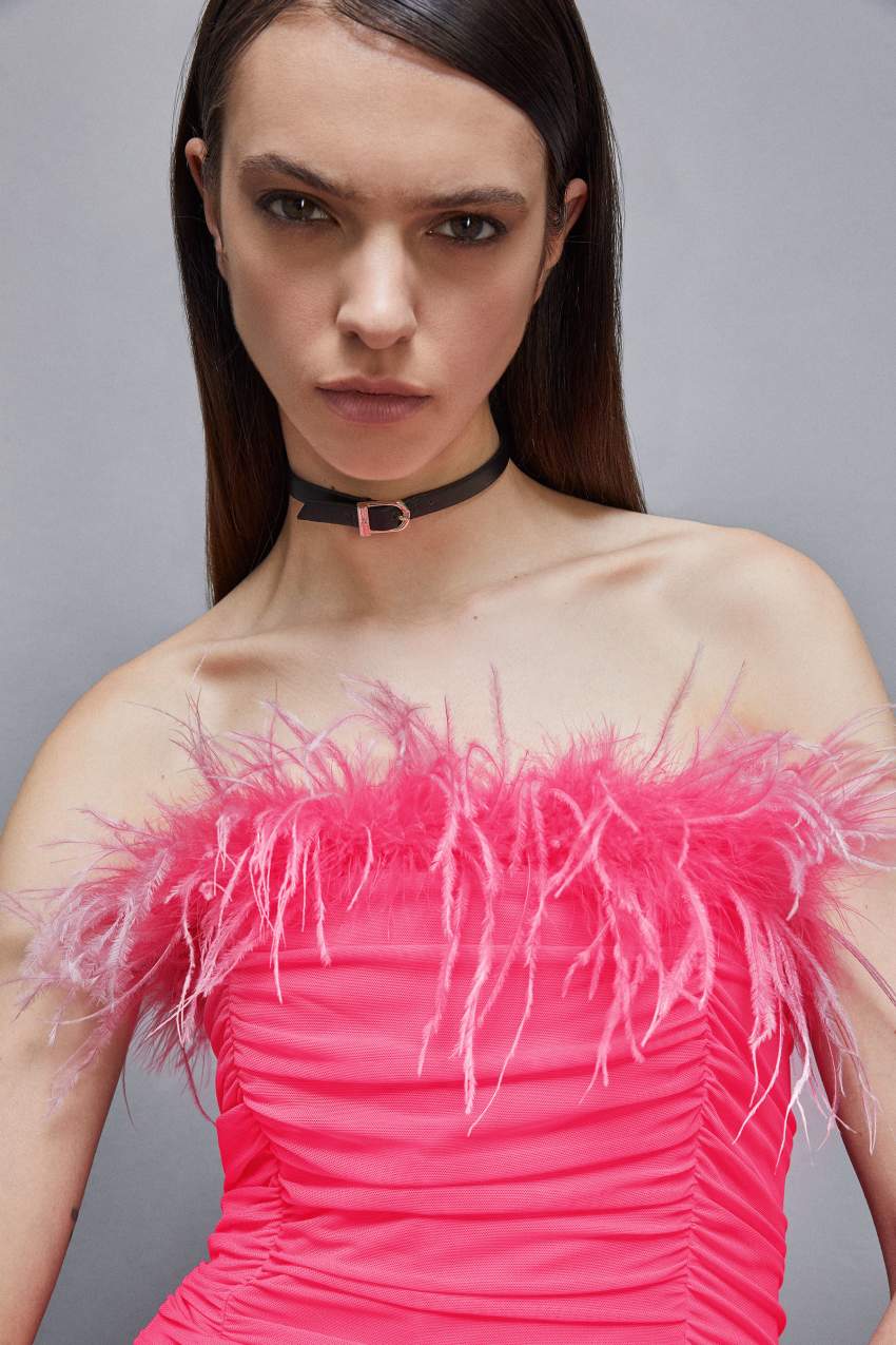 Patrizia Pepe Tulle And Jersey Midi Dress With Feathers Różowe | 3620WFZLV