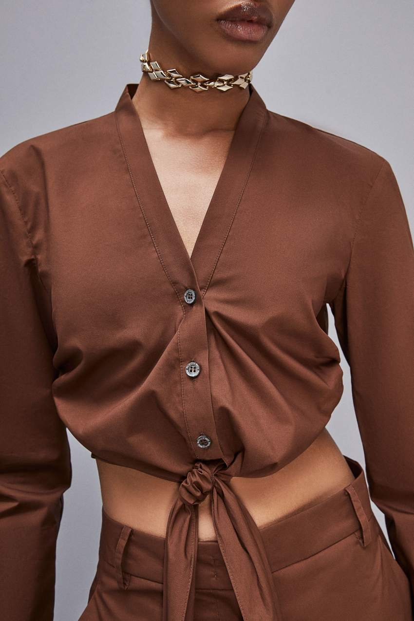 Patrizia Pepe V-neck Shirt With Knot Brązowe | 6825YCRAJ